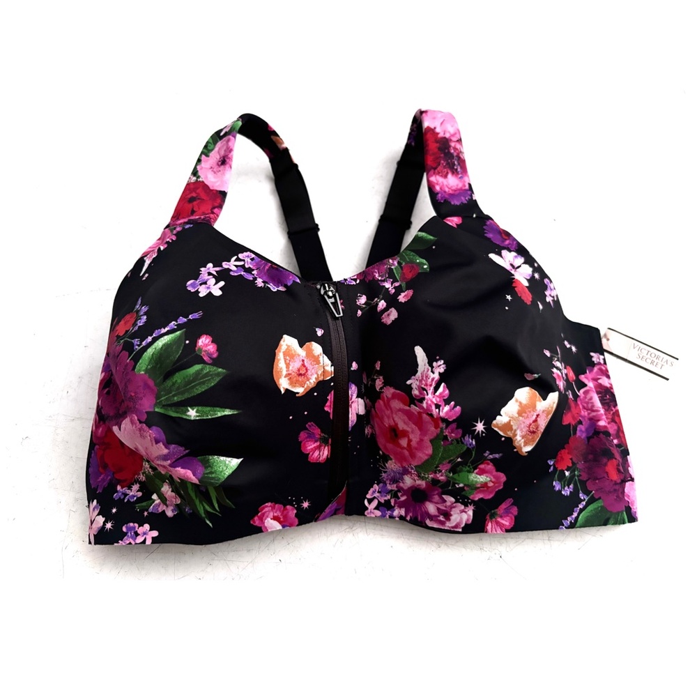 Victoria's Secret Black Floral Zip-Front Sports Bra